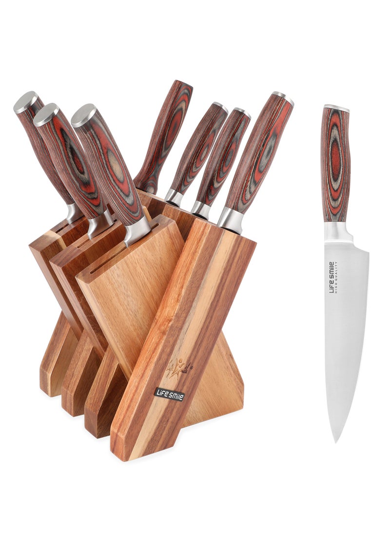 LIFE SMILE 8-Piece Kitchen Knife Set with Wooden Stand - High Carbon Stainless Steel Blades, Ultra Sharp Chef Knife Set Include Cleaver, Slicer, Santoku, Utility, Paring Knife and Knife Sharpner , Ergonomic Anti-Slip Fixed Handles, Kitchen Knives Set