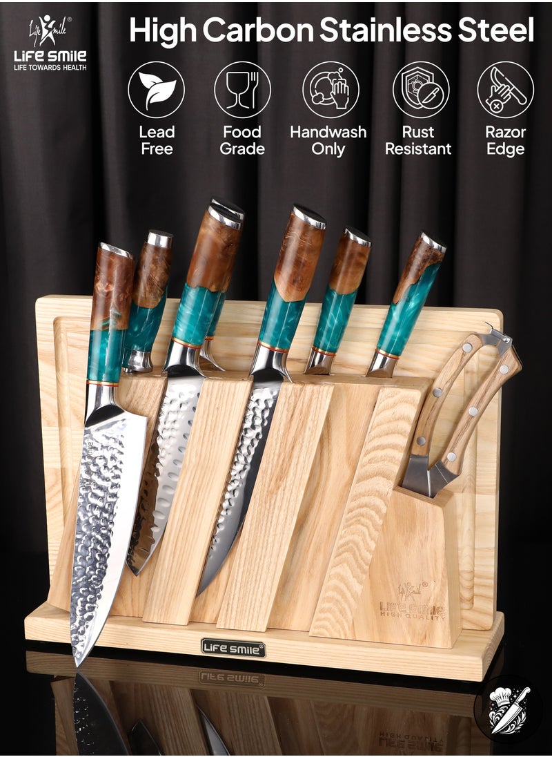 LIFE SMILE 10-Piece Damascus Knife Block Set - Chef Knife Set - Damascus Steel Blades, Set Includes Cleaver, Chef, Santoku, Slicer, Utility Knife, Paring Knife and Kitchen Scissor. Ultra Sharp and Long lasting