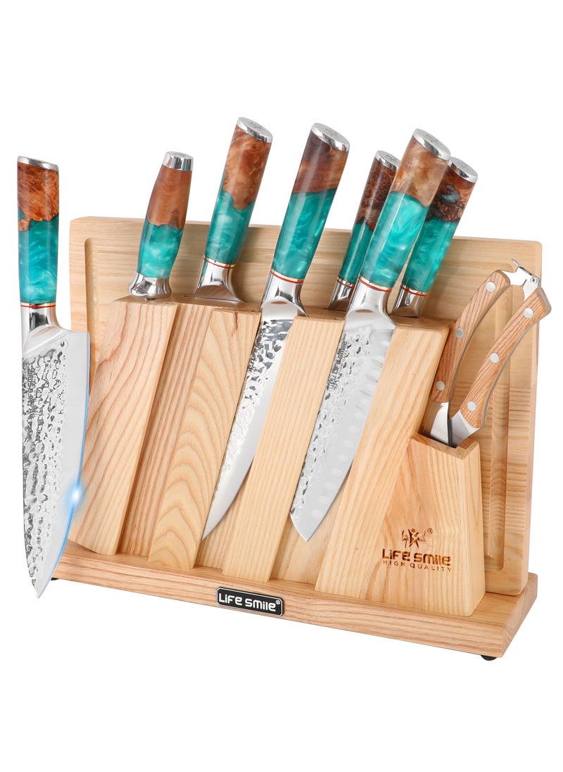 LIFE SMILE 10-Piece Damascus Knife Block Set - Chef Knife Set - Damascus Steel Blades, Set Includes Cleaver, Chef, Santoku, Slicer, Utility Knife, Paring Knife and Kitchen Scissor. Ultra Sharp and Long lasting