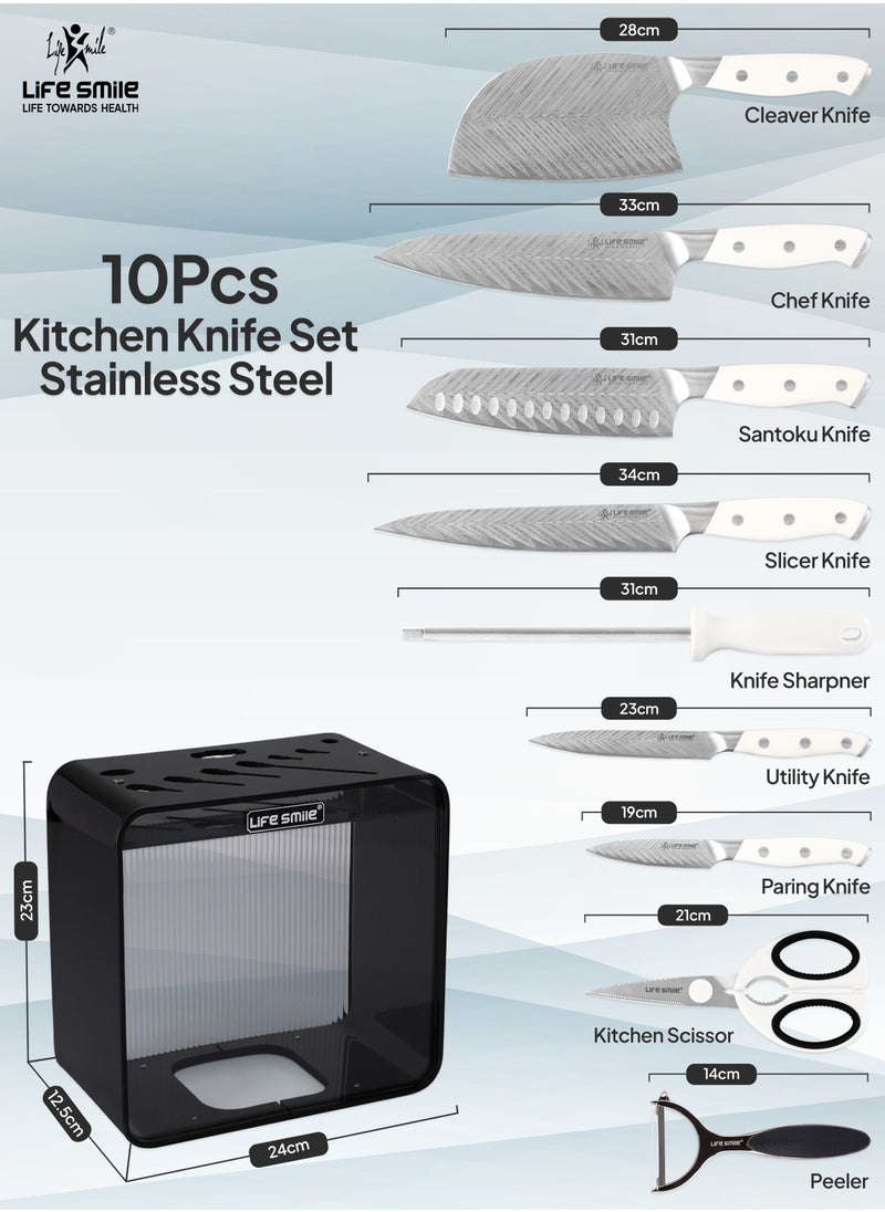 Premium Quality Hig Carbon Stainlesss Steel 10-Piece Knife Set with Block, Razor-Sharp, German Engineered Knives Set Include Cleaver, Chef, Santoku, Slicer, Utility Knife, Paring Knife and Kitchen Scissor, Durable and Strong