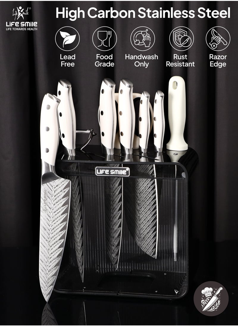 Premium Quality Hig Carbon Stainlesss Steel 10-Piece Knife Set with Block, Razor-Sharp, German Engineered Knives Set Include Cleaver, Chef, Santoku, Slicer, Utility Knife, Paring Knife and Kitchen Scissor, Durable and Strong