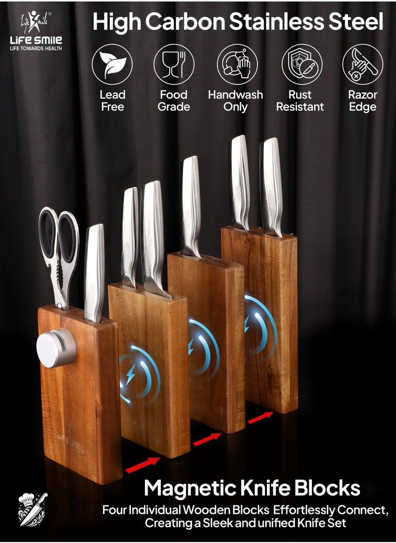 LIFE SMILE Kitchen Knife Set With Wooden Magnetic Detachable Stand - 9 Pieces High Carbon Stainless Steel Block Set with Sharpener - Ergonomic Anti Slip fixed Handle, Ultra Sharp Non Stick Blade