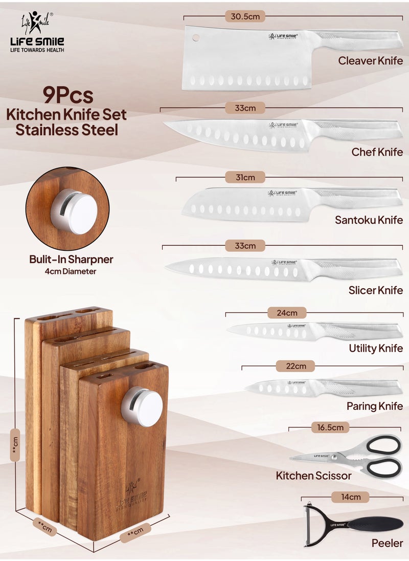 LIFE SMILE Kitchen Knife Set With Wooden Magnetic Detachable Stand - 9 Pieces High Carbon Stainless Steel Block Set with Sharpener - Ergonomic Anti Slip fixed Handle, Ultra Sharp Non Stick Blade