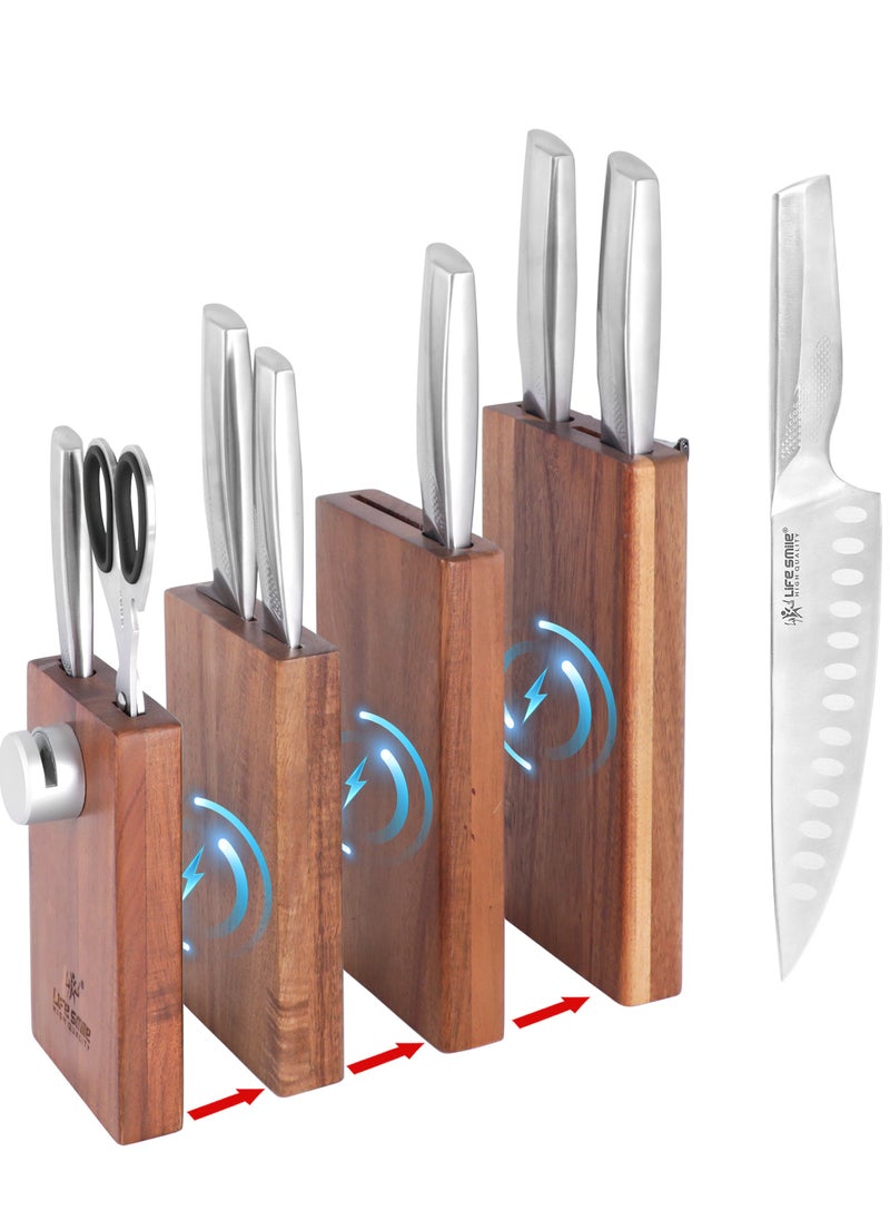 LIFE SMILE Kitchen Knife Set With Wooden Magnetic Detachable Stand - 9 Pieces High Carbon Stainless Steel Block Set with Sharpener - Ergonomic Anti Slip fixed Handle, Ultra Sharp Non Stick Blade