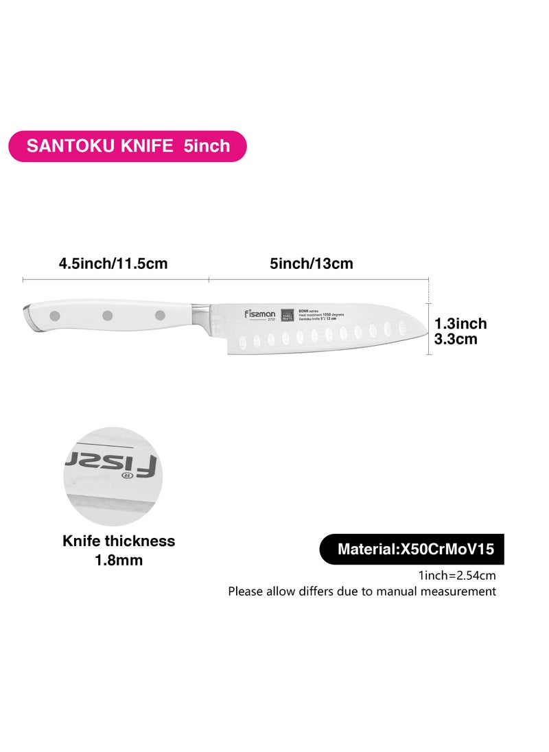 5'' Santoku Knife Bonn Series, with Sharp Blade and Sturdy Non Slip Handle, Minimalist Design, Stainless Steel, Suitable for Home Restaurant