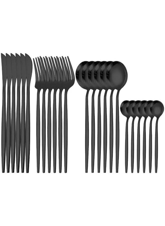 Silverware Flatware Set, 24-piece Portuguese Tableware Set, Stainless Steel Tableware, Four Main Pieces, Knife, Fork And Spoon (Black)