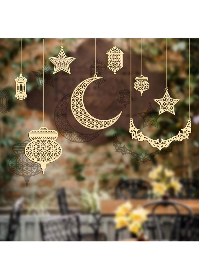 Set of 8 Ramadan Decorations Wooden Hanging Ornaments for Eid Mubarak Islamic Home Decor Crescent Moon Star Lantern Eid Festival Decorations Car Window Door Hanging