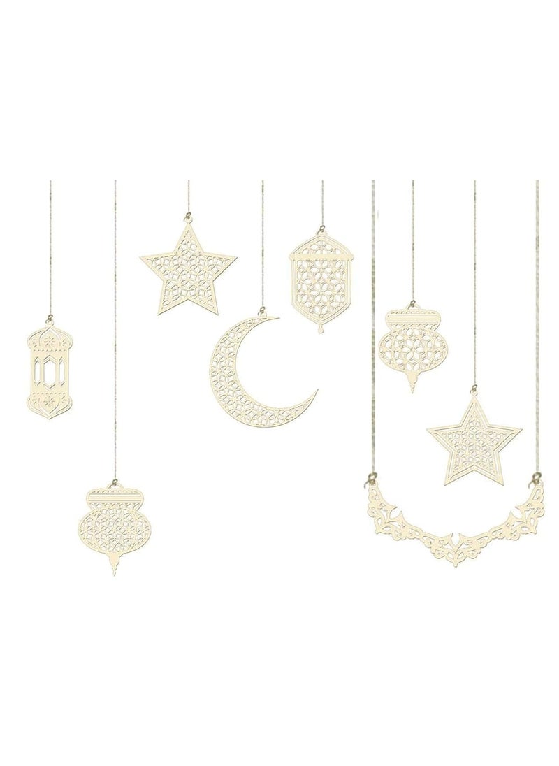 Set of 8 Ramadan Decorations Wooden Hanging Ornaments for Eid Mubarak Islamic Home Decor Crescent Moon Star Lantern Eid Festival Decorations Car Window Door Hanging