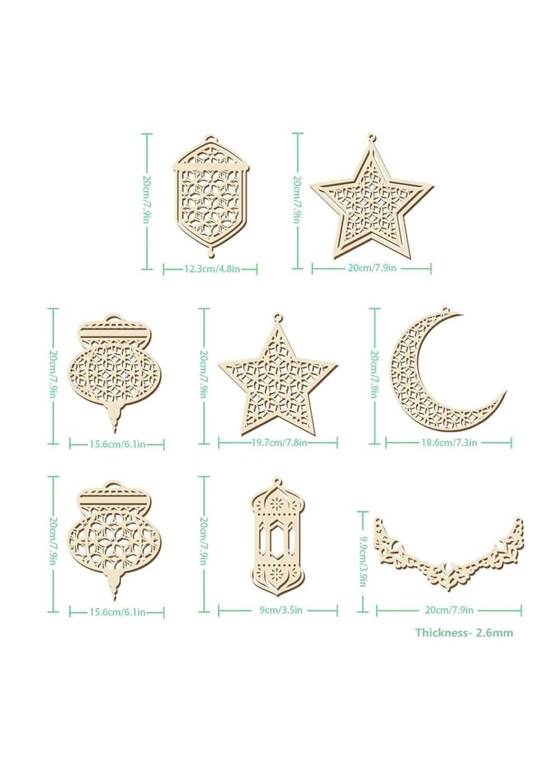 Set of 8 Ramadan Decorations Wooden Hanging Ornaments for Eid Mubarak Islamic Home Decor Crescent Moon Star Lantern Eid Festival Decorations Car Window Door Hanging