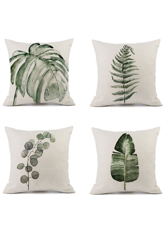 4ps Plant Throw Pillow Covers 45x45cm Greenery Decorative Pillow Cushion Cases Linen Pillowcases Covers for Sofa Couch Car Bedroom Living Room Home Decor Set