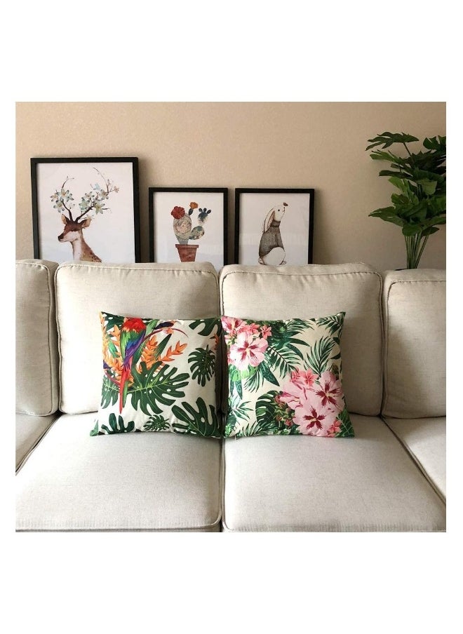 Throw Pillow Covers Tropical Cushion Leaves & Flowers with Parrot Flamingo Bird Pattern Home Decorative for Outdoor Patio Garden Living Room Sofa 18”×18” Pillowcase 4 Pcs