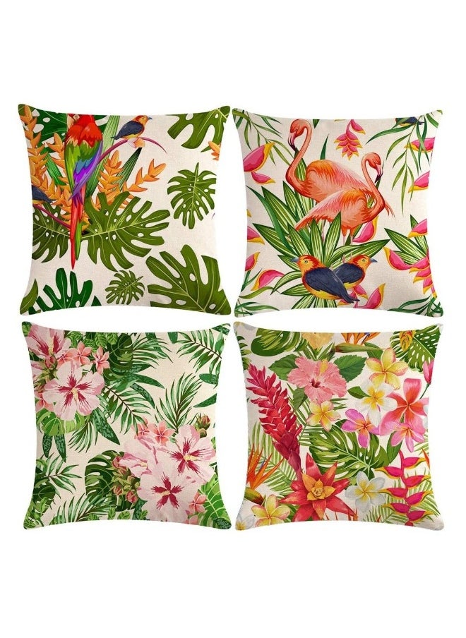 Throw Pillow Covers Tropical Cushion Leaves & Flowers with Parrot Flamingo Bird Pattern Home Decorative for Outdoor Patio Garden Living Room Sofa 18”×18” Pillowcase 4 Pcs