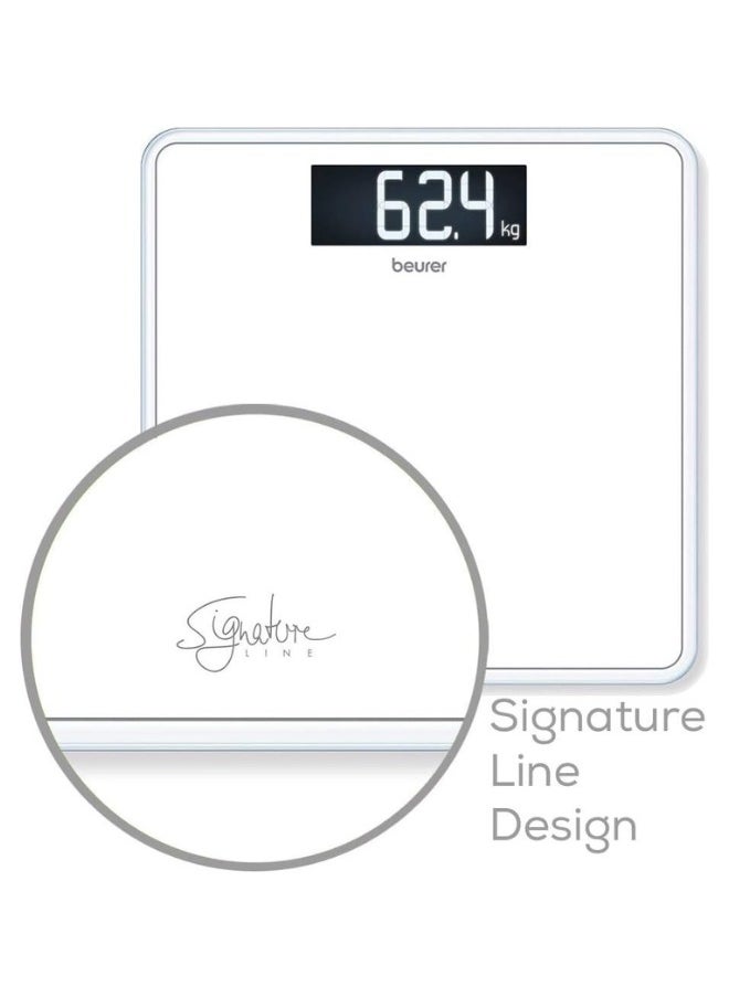 GS 400 White Signature Line Glass / Bathroom Scales with Large Tread Surface Made of Super White Safety Glass, Stylish Black Display in XL Format and Load Capacity up to 200 kg