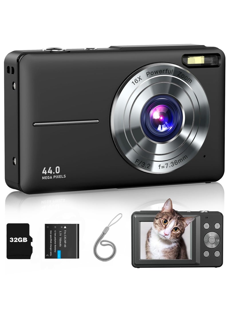 Digital Camera, FHD 1080P Kids Camera 44MP Point and Shoot Digital Cameras with 32GB SD Card, 16X Zoom, Lanyard