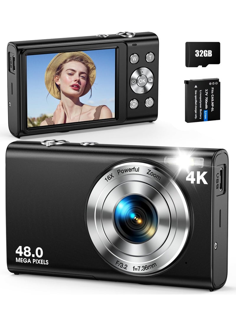 Digital Camera, Autofocus UHD 4K Vlogging Camera with 32GB Card, 48MP 16X Digital Zoom Digital Camera