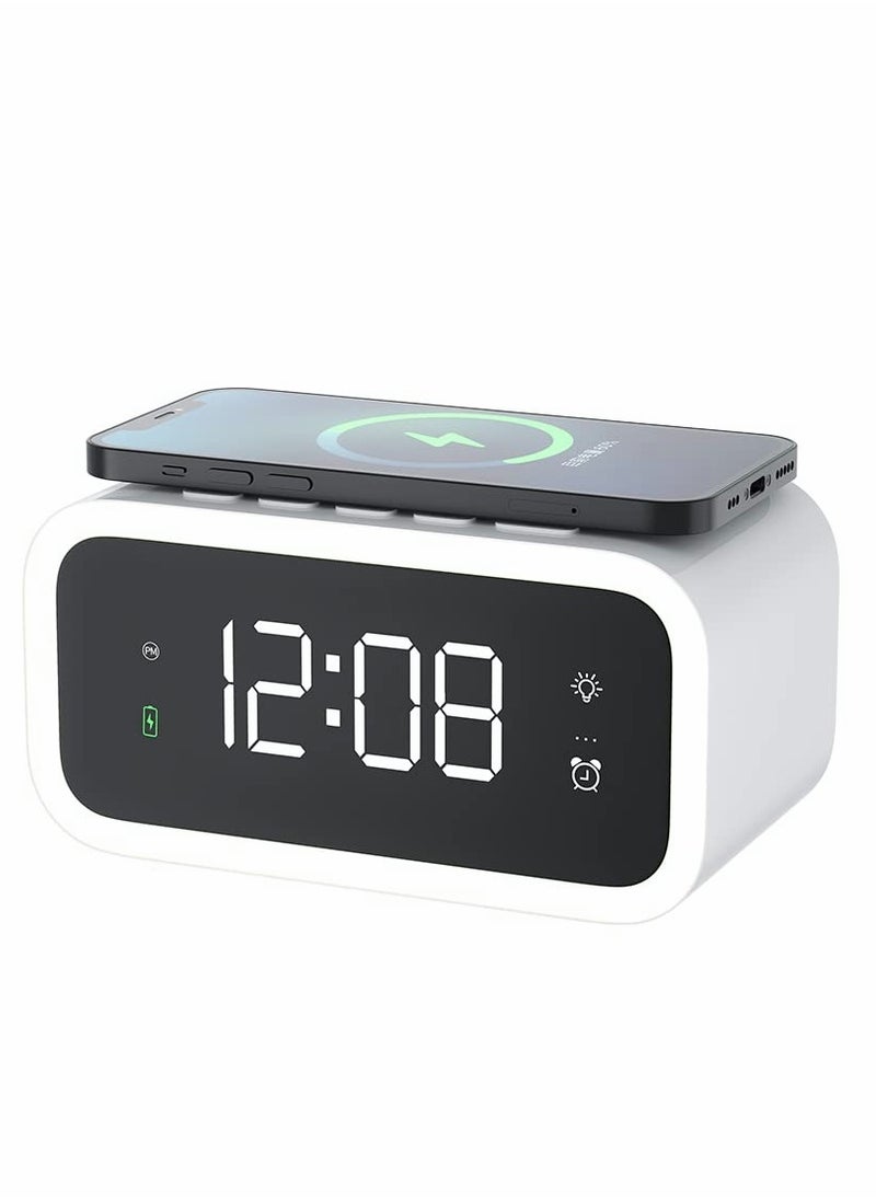 Digital Alarm Clock with Wireless Charging 15W, Multifunctional Clock with Time, Date, Temperature Display, Two Light Sources Night Lights Modern LED for Bedroom Office