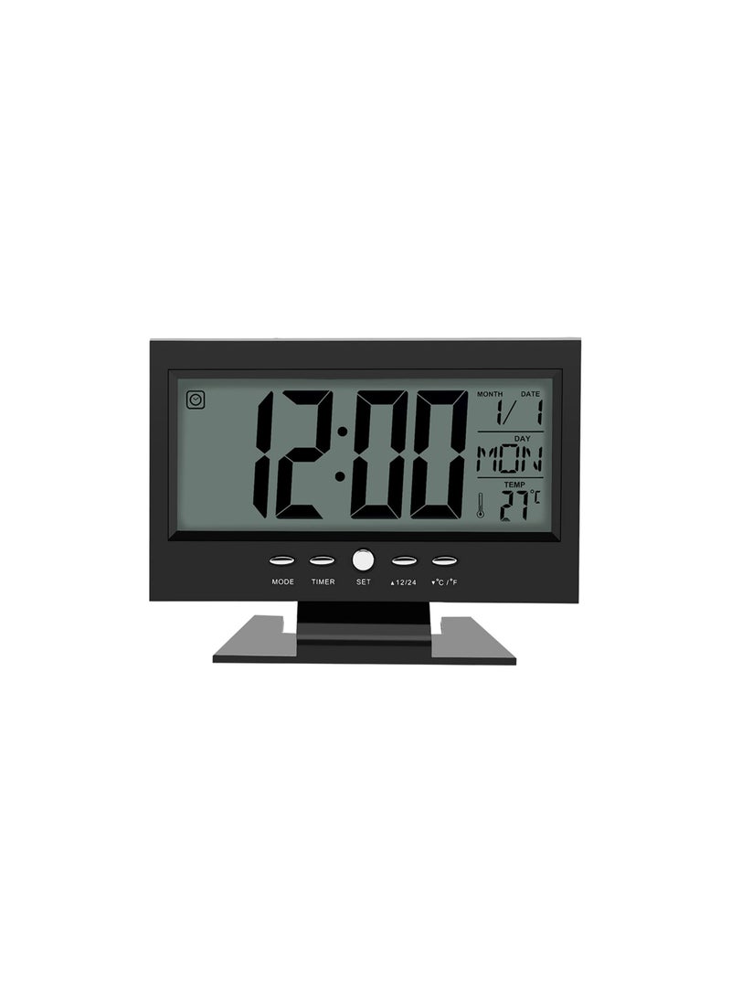 LCD Display Digital Alarm Clock with Sound Sensor, Calendar, and Temperature - Sleek Table Desk Clock for Bedroom, Living Room, Office.