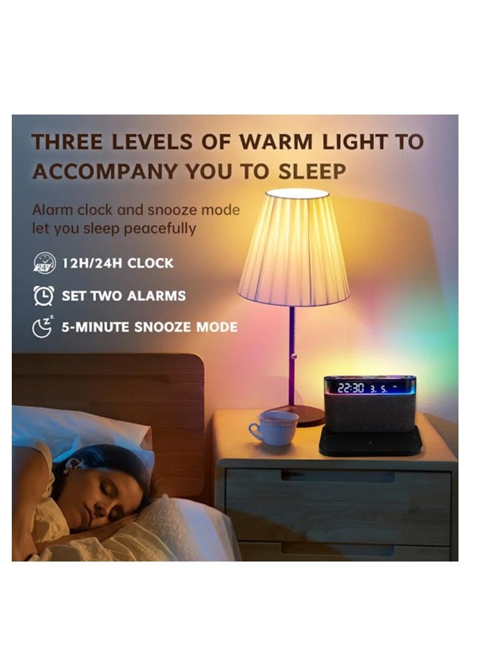 Bluetooth Alarm Clock with Wireless Charging,6-in-1 Alarm Clocks for bedrooms Alarm Clock Bluetooth Speaker Wireless Charging, 3 Level Brightness&Colorful Light,Snooze(Black)