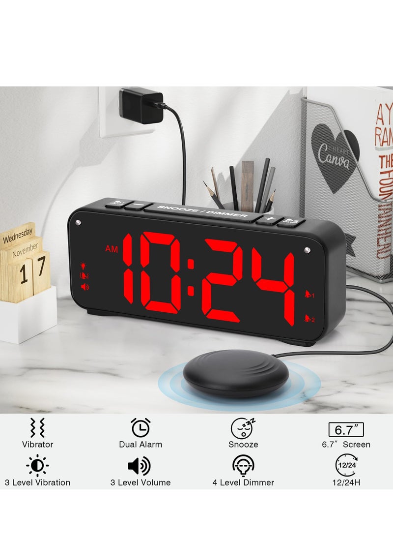 Loud Alarm Clock for Heavy Sleepers Adults, Dual Alarm Clock with Bed Shaker, Digital Vibrating Alarm Clock for Bedrooms, 6.5″large Display with Dimmer, Snooze & 12/24h & Battery Backup (Red)