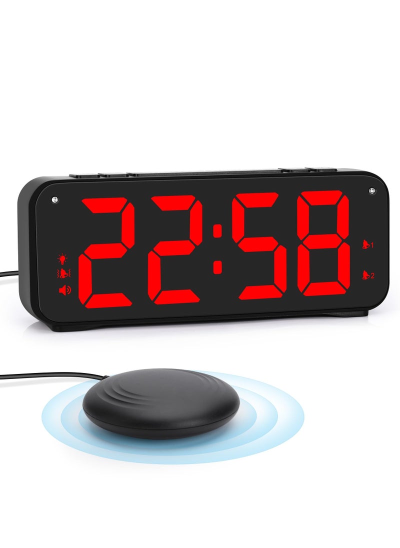 Loud Alarm Clock for Heavy Sleepers Adults, Dual Alarm Clock with Bed Shaker, Digital Vibrating Alarm Clock for Bedrooms, 6.5″large Display with Dimmer, Snooze & 12/24h & Battery Backup (Red)