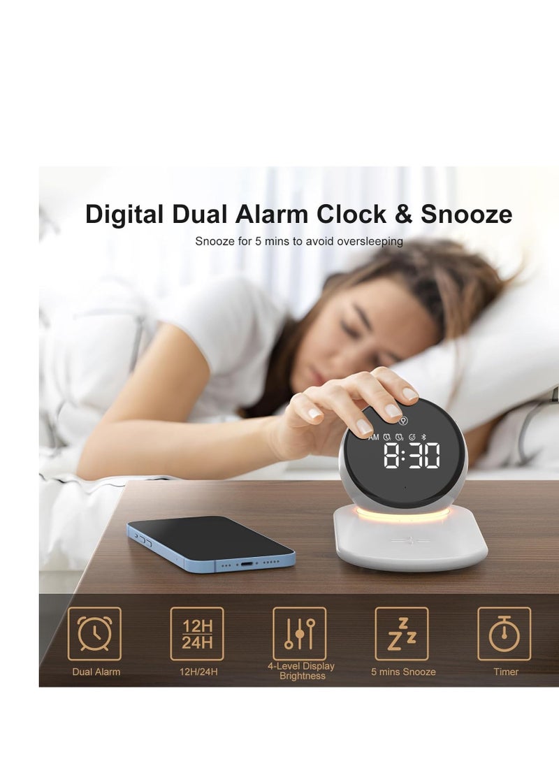 digital clock alarm clock with fast 15w wireless charger for bedroom for heavy sleepers adults bluetooth speaker 20 natural sleep sounds warm night lights dual alarm for teens girls gifts