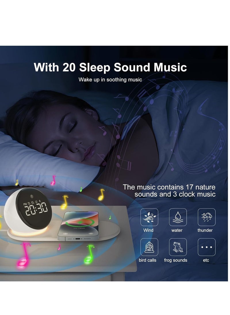 digital clock alarm clock with fast 15w wireless charger for bedroom for heavy sleepers adults bluetooth speaker 20 natural sleep sounds warm night lights dual alarm for teens girls gifts