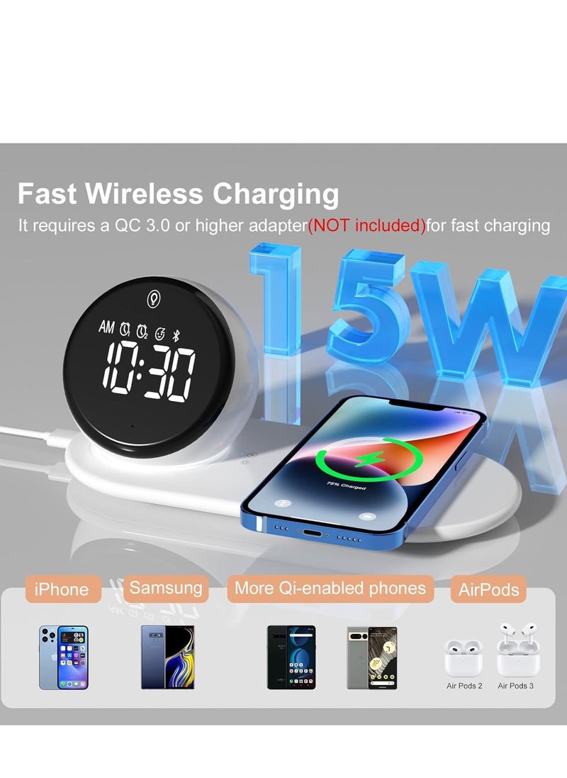 digital clock alarm clock with fast 15w wireless charger for bedroom for heavy sleepers adults bluetooth speaker 20 natural sleep sounds warm night lights dual alarm for teens girls gifts