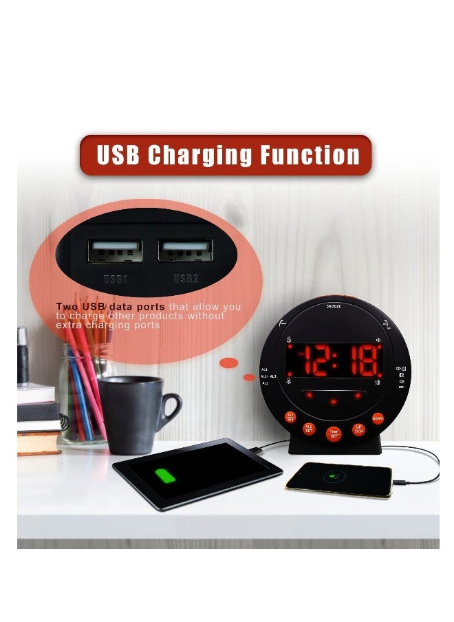 Extra Loud Alarm Clock Vibrating Alarm Clock with Bed Shaker Dual USB Charging Snooze Function 0-100% Dimmer and 0-120db Volume 12/24 Hours for Heavy Sleepers