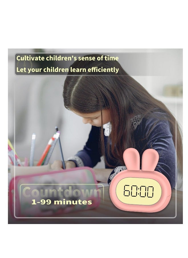 Kids Alarm Clock, Cute Bunny Digital Alarm Clock with Weekday/7-Day Mode, Snooze, Adjustable Nightlight and Volume, Thermometer, Three Alarm Clock Sets Rechargeable Kids Bedroom Digital (Pink)