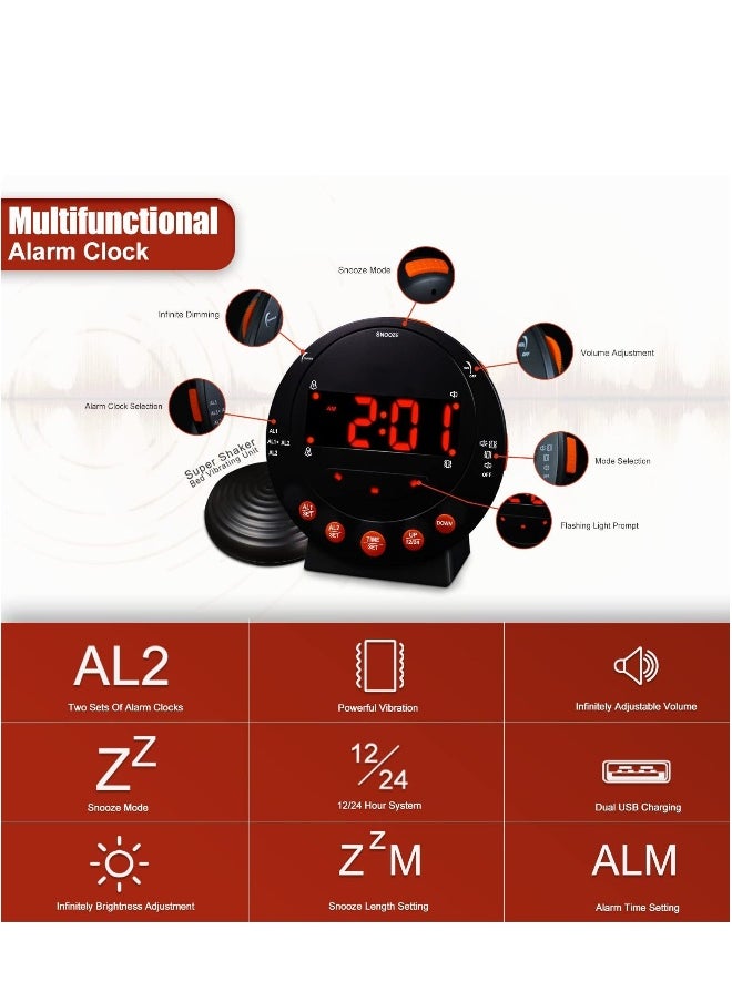 Extra Loud Alarm Clock Vibrating Alarm Clock with Bed Shaker Dual USB Charging Snooze Function 0-100% Dimmer and 0-120db Volume 12/24 Hours for Heavy Sleepers