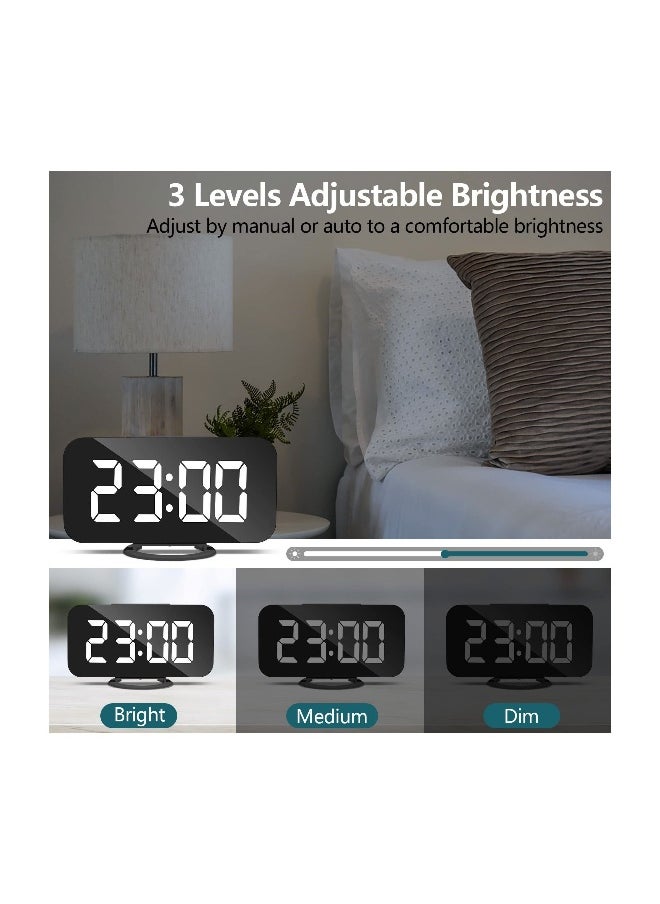 Digital USB rechargeable Alarm Clock, Black Alarm Clock Bedside Non Ticking with Dimmable LED Display, Screen as Mirror