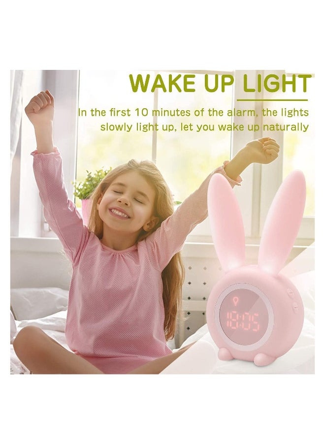 Pink Rabbit Alarm Clock, Luminous Rabbit Alarm Clock Cartoon Rabbit Lamp LED Silicone Bed Light Multifunctional Home Desktop Decorations Timed Night Light for Kids with Lithium Battery