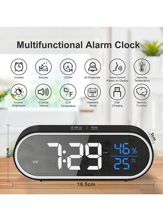 Digital Alarm Clock, Large Mirrored LED Display with Humidity Temperature USB Charger Port 5 Types of Brightness 4 Volume Smart Voice Control