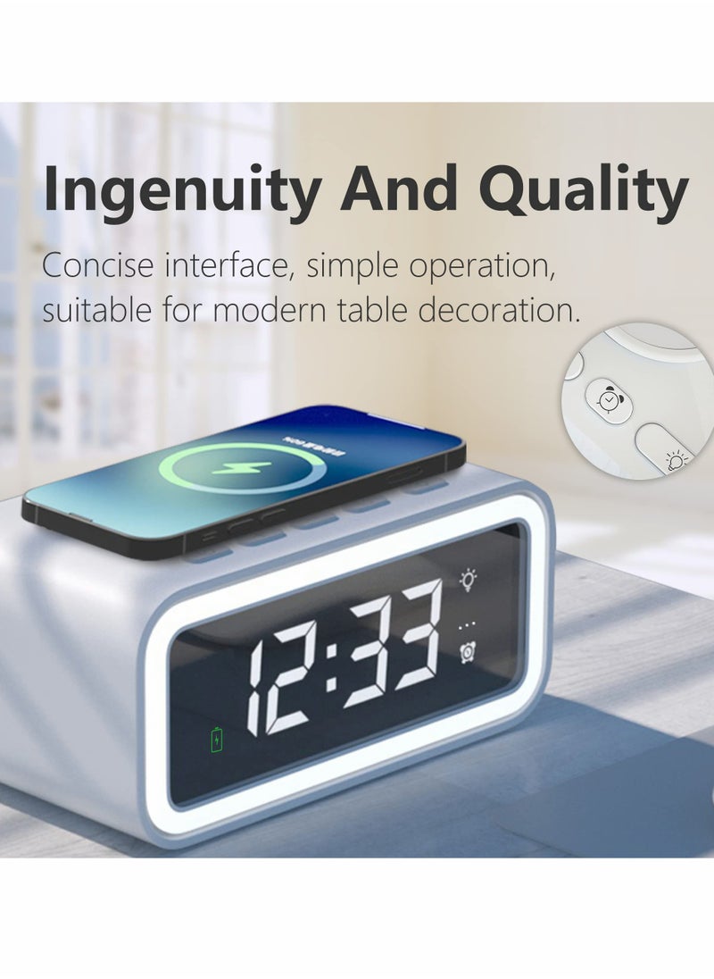 Digital Alarm Clock with Wireless Charging 15W, Multifunctional Clock with Time, Date, Temperature Display, Two Light Sources Night Lights Modern LED for Bedroom Office