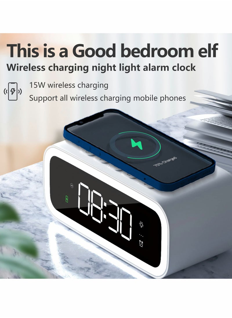 Digital Alarm Clock with Wireless Charging 15W, Multifunctional Clock with Time, Date, Temperature Display, Two Light Sources Night Lights Modern LED for Bedroom Office