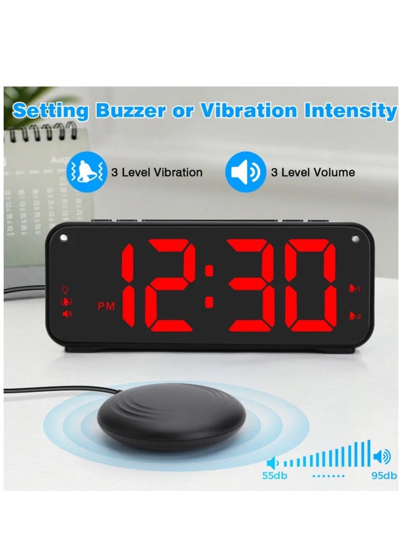 Loud Alarm Clock for Heavy Sleepers Adults, Dual Alarm Clock with Bed Shaker, Digital Vibrating Alarm Clock for Bedrooms, 6.5″large Display with Dimmer, Snooze & 12/24h & Battery Backup (Red)