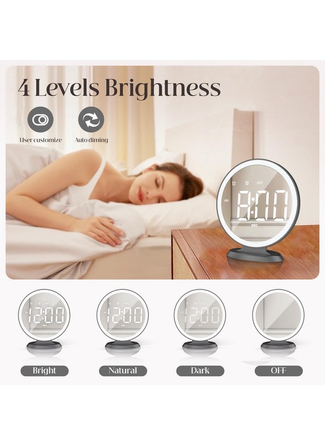 Round Mirror Lighted Digital Alarm Clock, Mirror Surface For Makeup, Large Display, Easy Setting, Auto Dst, Auto Dimming, Usb Port, Modern Decor For Home, Bedroom, Office, Gift For Women, Girl, Black