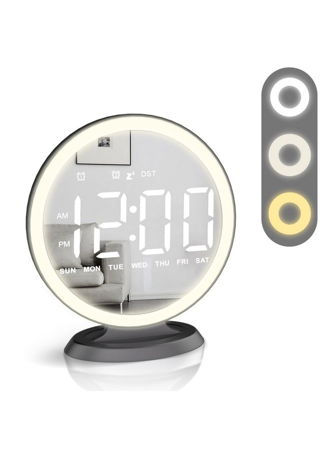 Round Mirror Lighted Digital Alarm Clock, Mirror Surface For Makeup, Large Display, Easy Setting, Auto Dst, Auto Dimming, Usb Port, Modern Decor For Home, Bedroom, Office, Gift For Women, Girl, Black