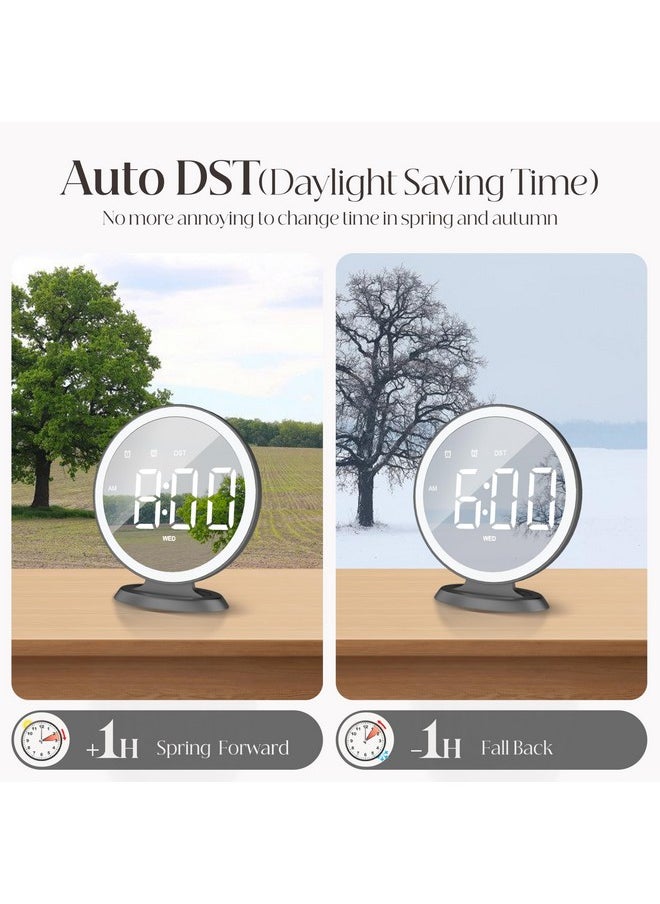 Round Mirror Lighted Digital Alarm Clock, Mirror Surface For Makeup, Large Display, Easy Setting, Auto Dst, Auto Dimming, Usb Port, Modern Decor For Home, Bedroom, Office, Gift For Women, Girl, Black