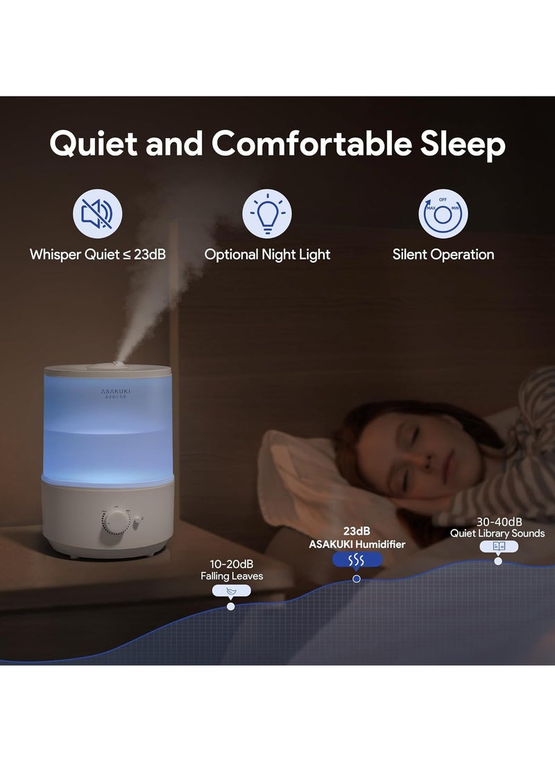 ASAKUKI Humidifiers for Bedroom Home, 3L Top Fill Cool Mist Humidifiers for Baby Nursery & Plants, 3-IN-1 Quiet Air Humidifier, Oil Diffuser & Night Light for Large Room, Auto Shut-off, BPA-Free, 30H