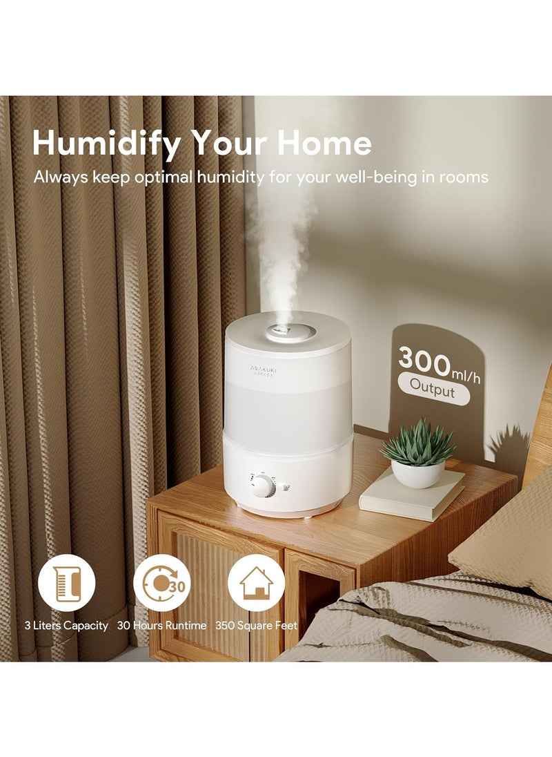 ASAKUKI Humidifiers for Bedroom Home, 3L Top Fill Cool Mist Humidifiers for Baby Nursery & Plants, 3-IN-1 Quiet Air Humidifier, Oil Diffuser & Night Light for Large Room, Auto Shut-off, BPA-Free, 30H