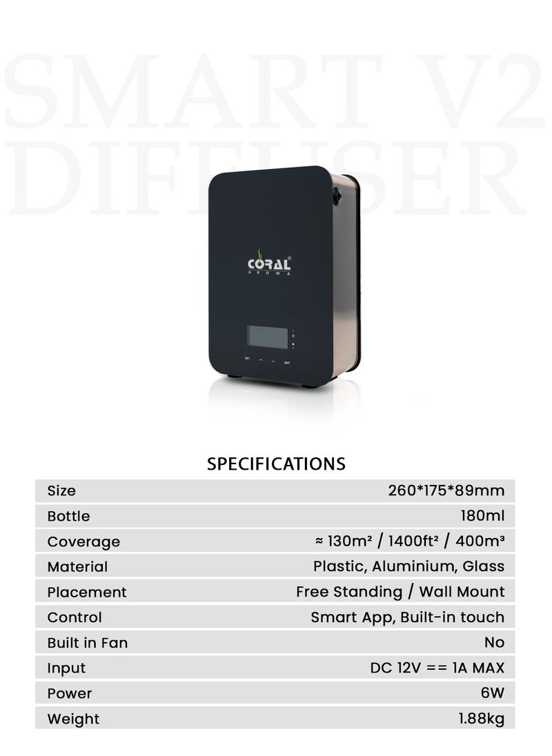 Smart V2 Aroma Diffuser Machine | Bluetooth & Touch Control | Built-in Fan | Metal + Glass Build | Wall Mountable and Tabletop Essential Oil Diffuser for Home & Office