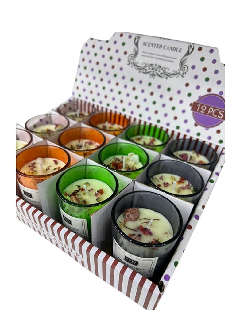 BABAZAM Set of 12 Scented Candle with Pleasant Odor Fragrant Candles in Glass Cup with Flower Petals Gift Box Perfect Addition to Home Wedding Party Décor and Gifting 4 Colors
