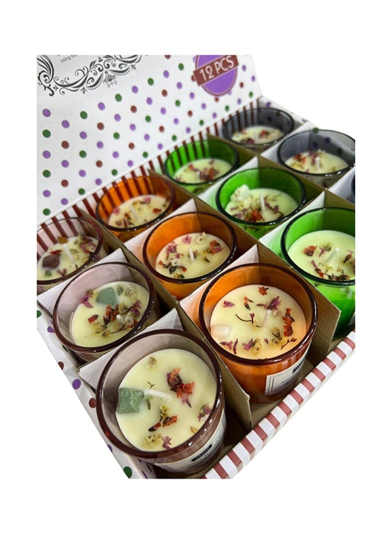 BABAZAM Set of 12 Scented Candle with Pleasant Odor Fragrant Candles in Glass Cup with Flower Petals Gift Box Perfect Addition to Home Wedding Party Décor and Gifting 4 Colors