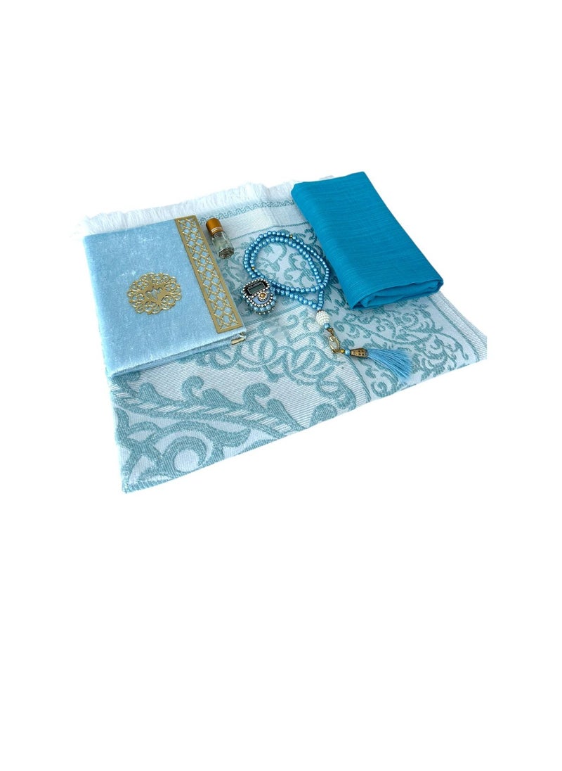 Sajadati Deluxe Muslim Prayer Gift Set – Holy Quran, Premium Salah Mat, Head Scarf, Tasbih Beads & Digital Counter, Oud Oil – Elegant Sky Blue Islamic Gift for Ramadan, Eid & Special Occasions