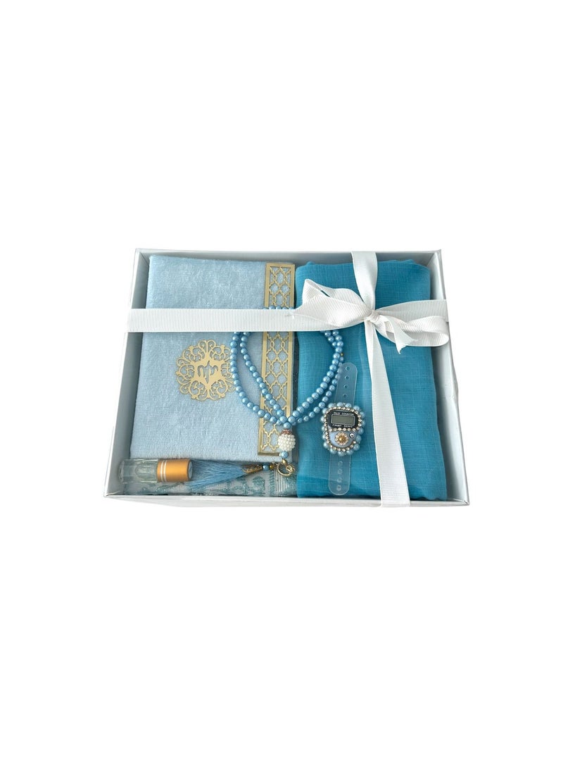 Sajadati Deluxe Muslim Prayer Gift Set – Holy Quran, Premium Salah Mat, Head Scarf, Tasbih Beads & Digital Counter, Oud Oil – Elegant Sky Blue Islamic Gift for Ramadan, Eid & Special Occasions