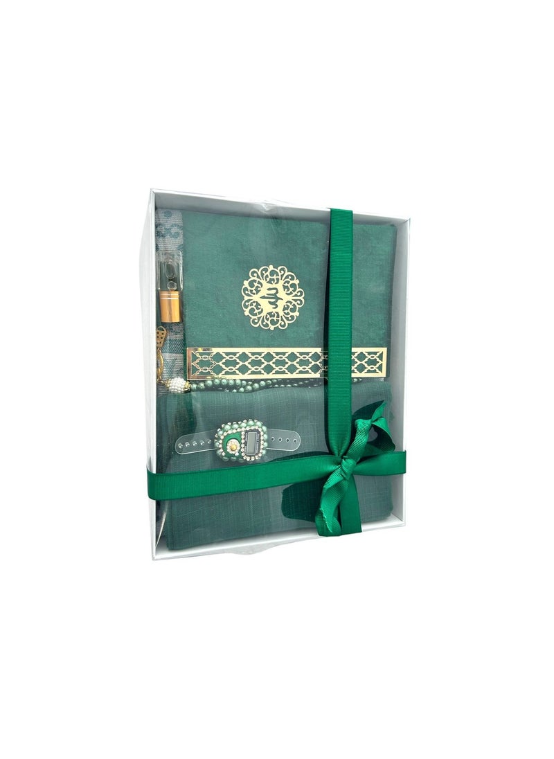 Sajadati Deluxe Muslim Prayer Gift Set – Holy Quran, Premium Salah Mat, Head Scarf, Tasbih Beads & Digital Counter, Oud Oil – Elegant Green Islamic Gift for Ramadan, Eid & Special Occasions