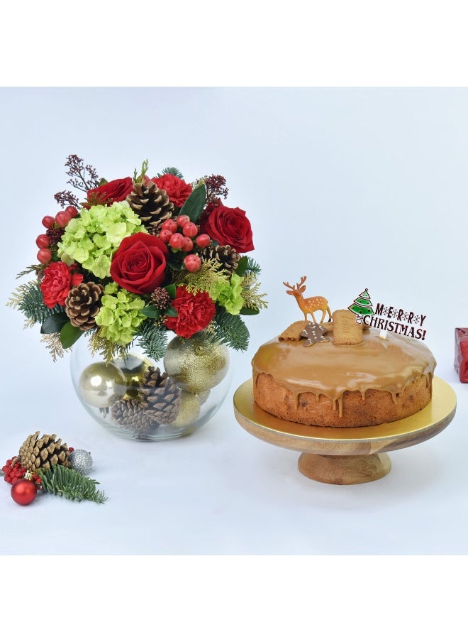 Christmas Sparkles Fresh Flower Arrangement With Cake