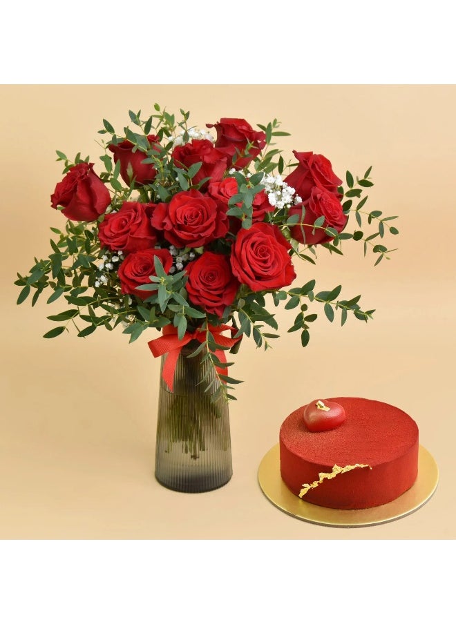 12 Red Fresh Roses In Premium Vase And Cake