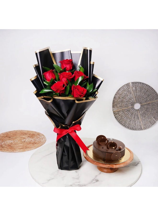 Chocolate Cake With Buch Of 6 Red Fresh Roses